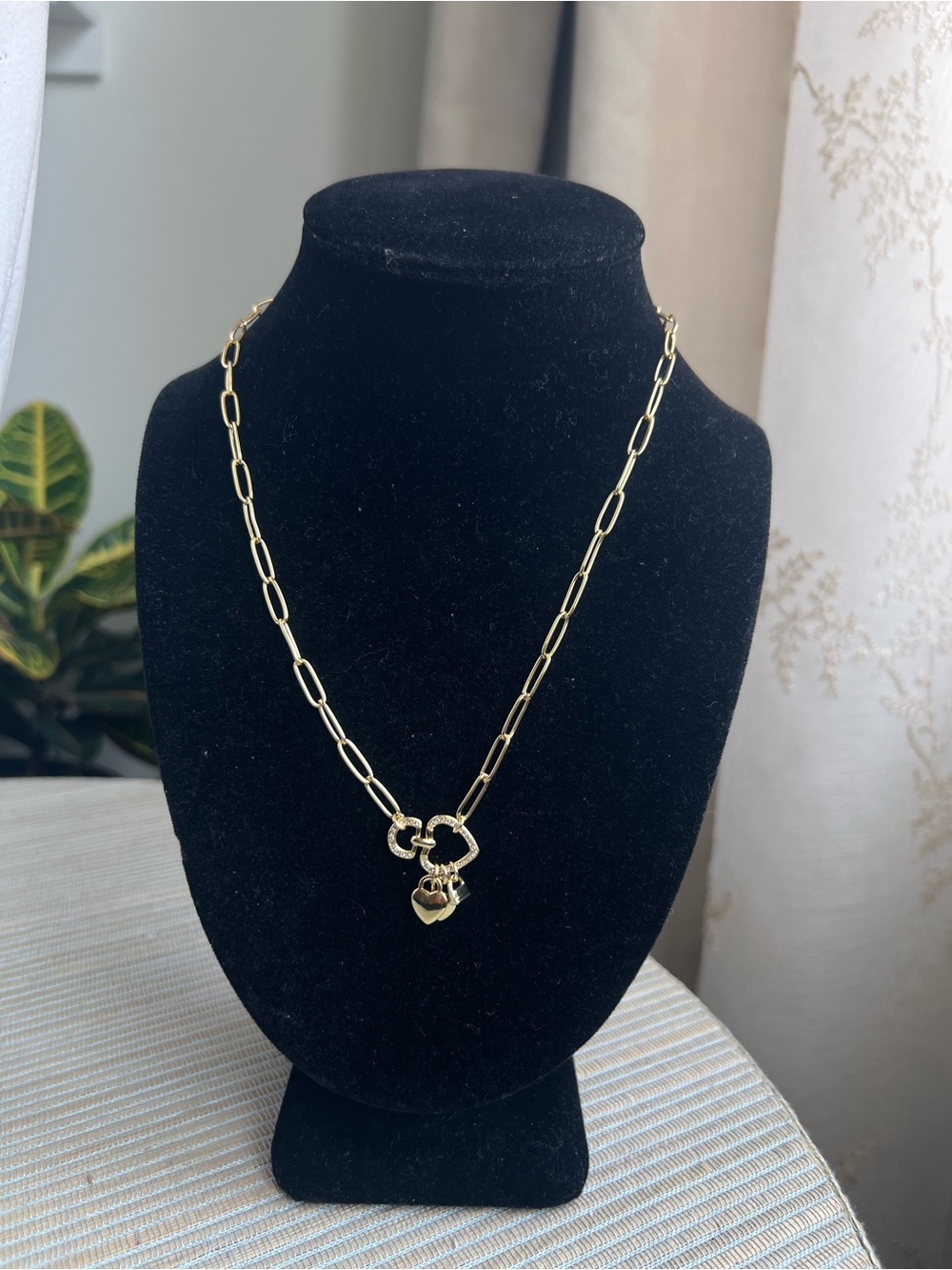 Gold Paperclip Chain Necklace with Heart Lock pavé Pendant and 3 heart charms